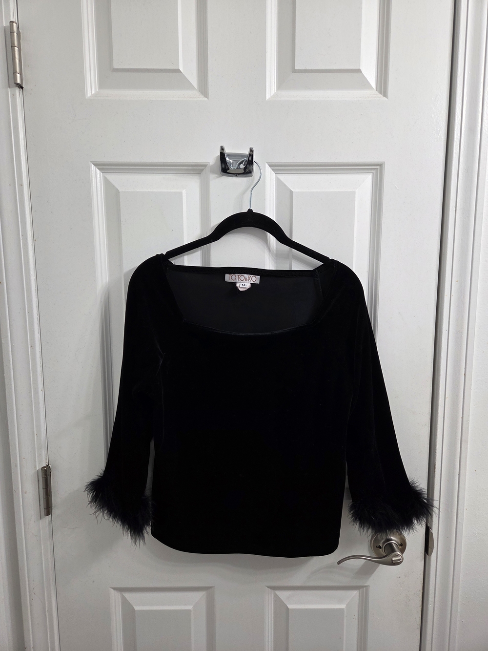 TotonKO Black Velvet Square-Neck Top with Feather Trim
